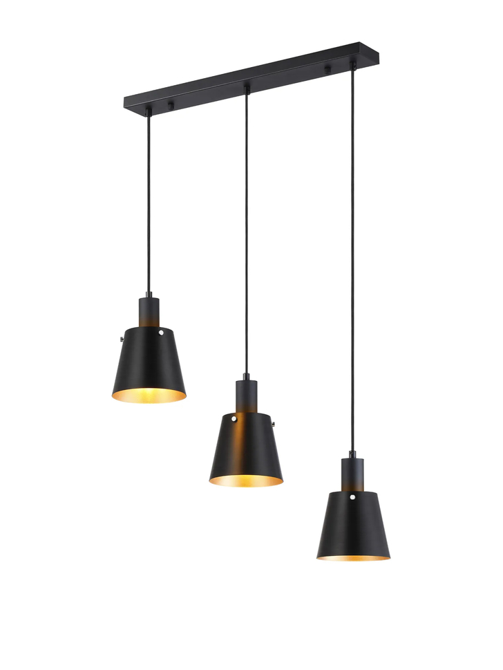 Idolite Coughlan 3 Light Black Linear Pendant Light Complete With Black/Gold Metal Shades