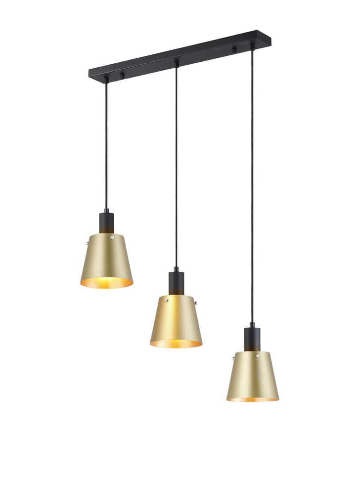 Idolite Coughlan 3 Light Black Linear Pendant Light Complete With Brass/Gold Metal Shades