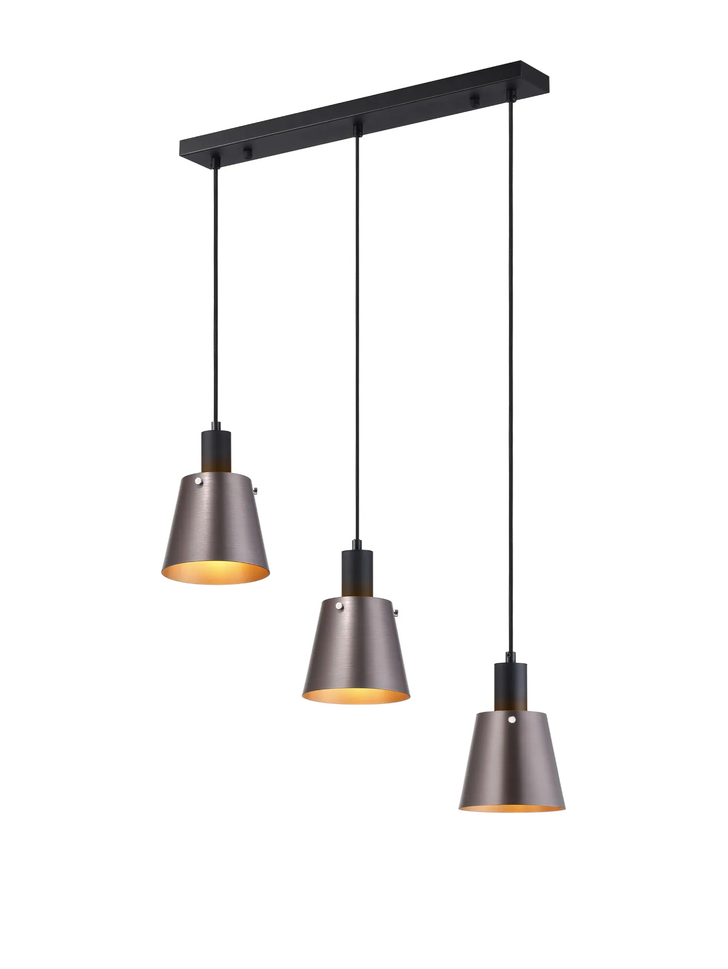 Idolite Coughlan 3 Light Black Linear Pendant Light Complete With Brown/Copper Metal Shades