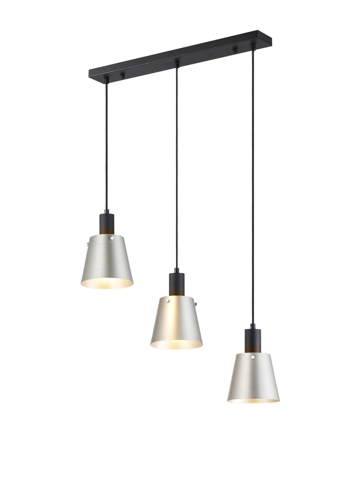 Idolite Coughlan 3 Light Black Linear Pendant Light Complete With Light Grey/Silver Metal Shades