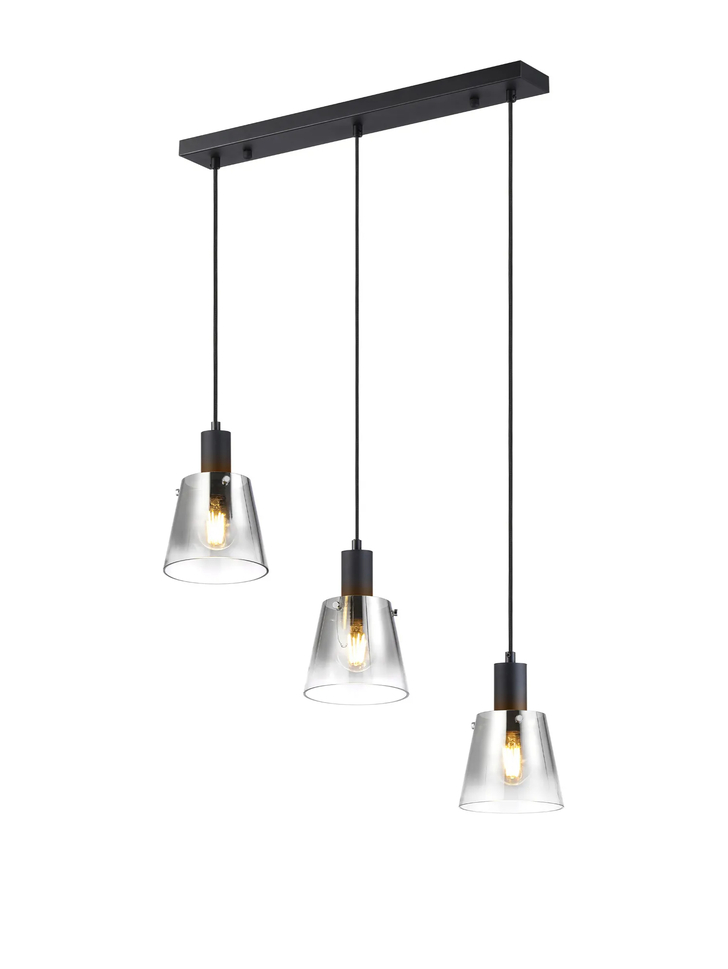 Idolite Coughlan 3 Light Black Linear Pendant Light Complete With Smoke Faded Glass Shades