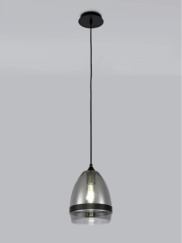 Idolite Kali Matt Black Finish Single Pendant Light C/W Smoked Glass