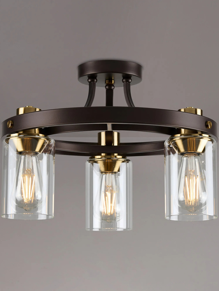 Idolite Karakoram 3 Light Semi Flush Brown Oxide Ceiling Light Complete With Clear Glasses