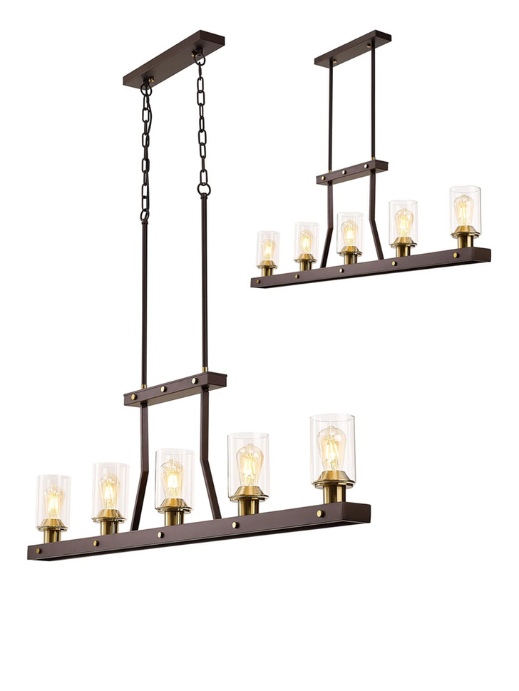 Idolite Karakoram 5 Light Linear Brown Oxide/Gold Bronze Finish Ceiling Pendant Light Complete With Clear Glasses