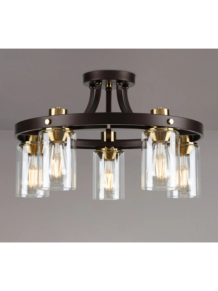 Idolite Karakoram 5 Light Semi Flush Brown Oxide Ceiling Light Complete With Clear Glasses