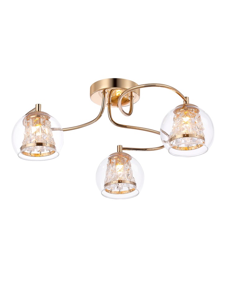 Idolite Patterson 3 Light French Gold Finish Flush Bathroom Light Complete With Clear Glasses and Crystal Decoration - IP44