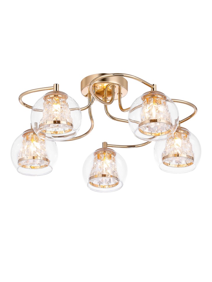 Idolite Patterson 5 Light French Gold Finish Flush Bathroom Light Complete With Clear Glasses and Crystal Decoration - IP44