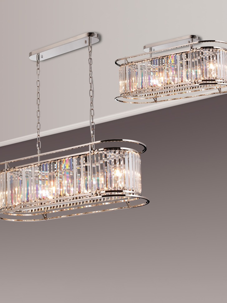 Idolite Petra 7 Light Oval Linear Bar Pendant/Semi-Flush Ceiling Light Polished Nickel With Clear Crystal