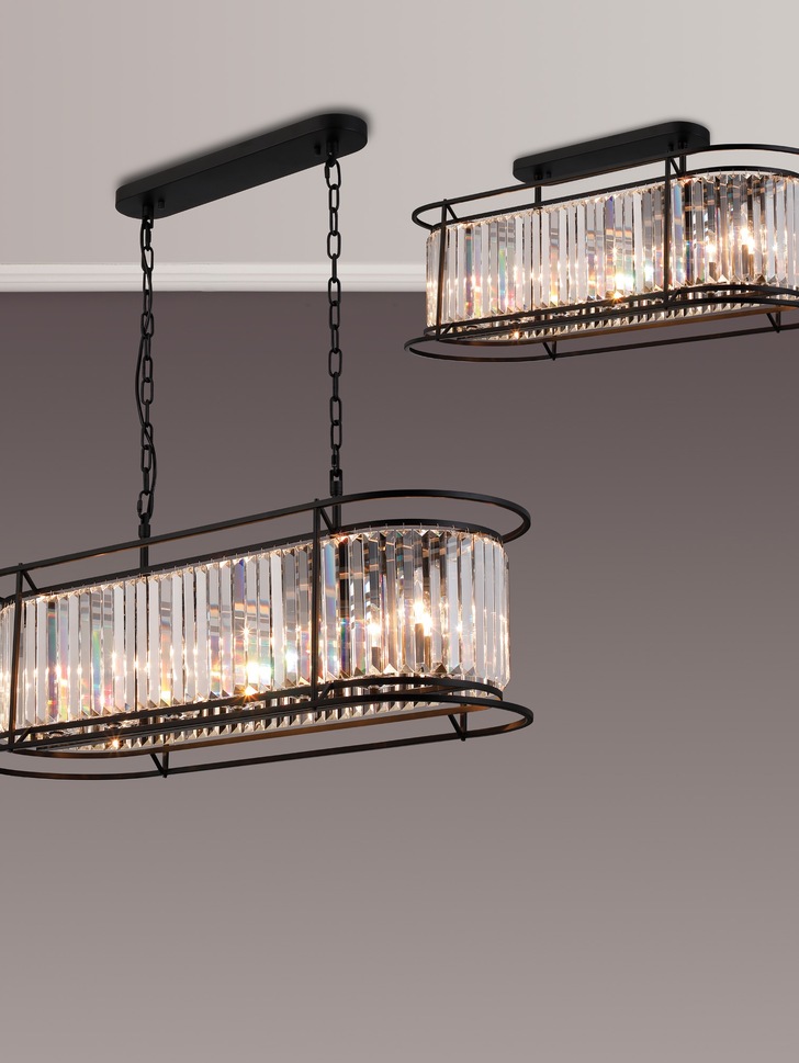 Idolite Petra 7 Light Oval Linear Bar Pendant/Semi-Flush Ceiling Light Satin Black With Clear Crystal