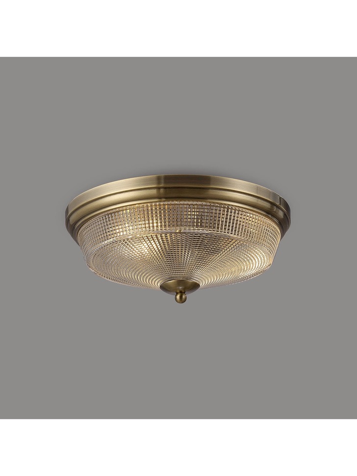 Idolite Sheridan Antique Brass 2 Light Flush Ceiling Light Complete With Prismatic Glass Shade