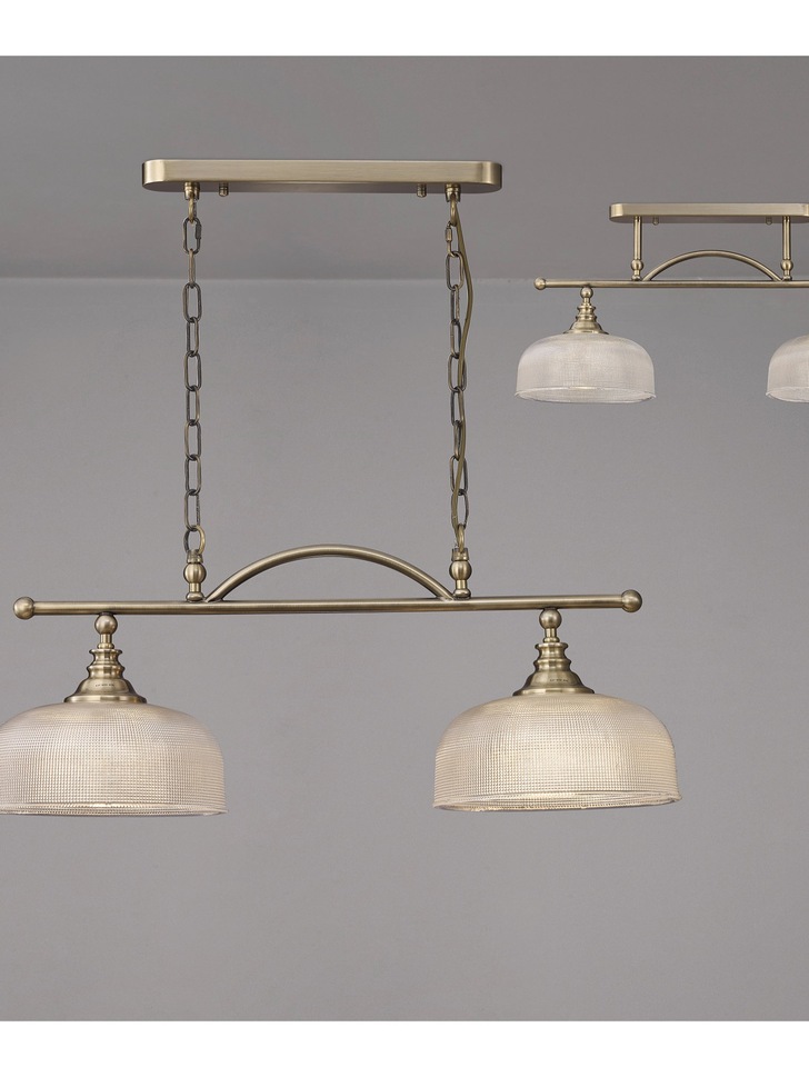 Idolite Sheridan Antique Brass 2 Light Linear Bar Pendant Complete With Prismatic Glass Shades