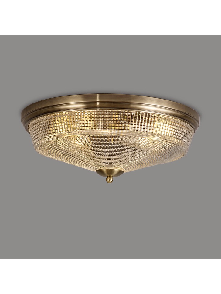 Idolite Sheridan Antique Brass 3 Light Flush Ceiling Light Complete With Prismatic Glass Shade