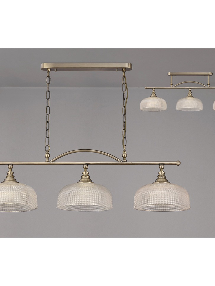 Idolite Sheridan Antique Brass 3 Light Linear Bar Pendant Complete With Prismatic Glass Shades