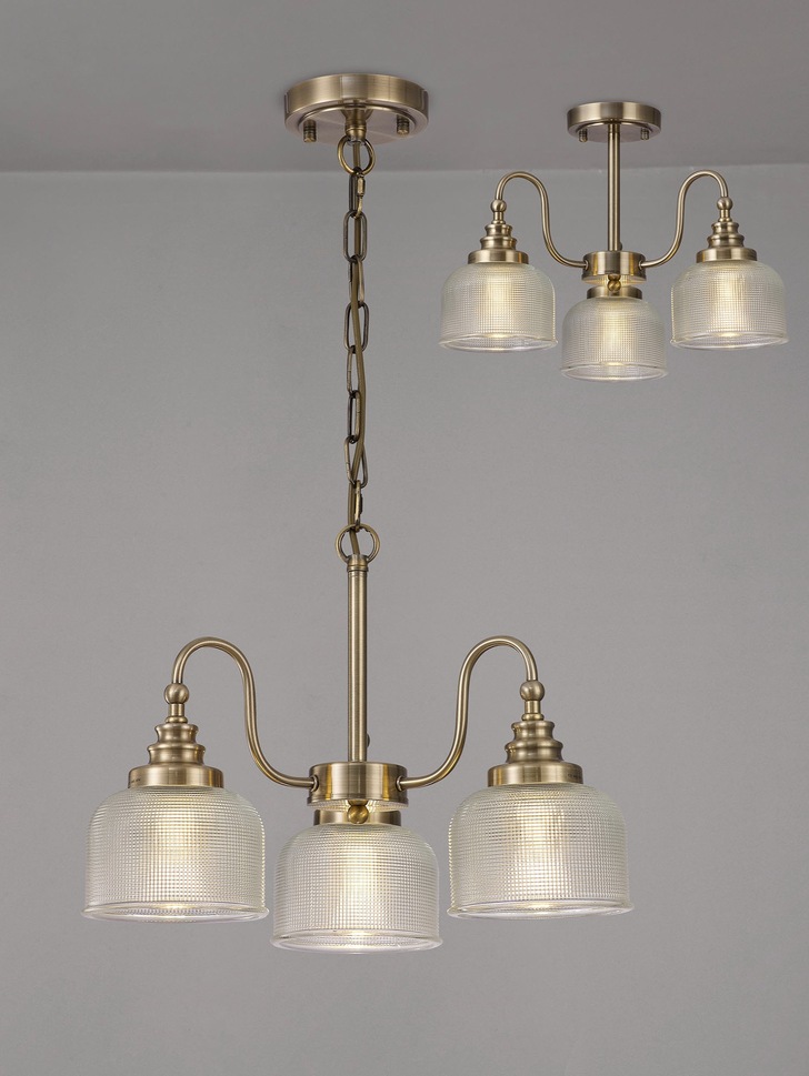 Idolite Sheridan Antique Brass 3 Light Pendant Complete With Prismatic Glass Shades