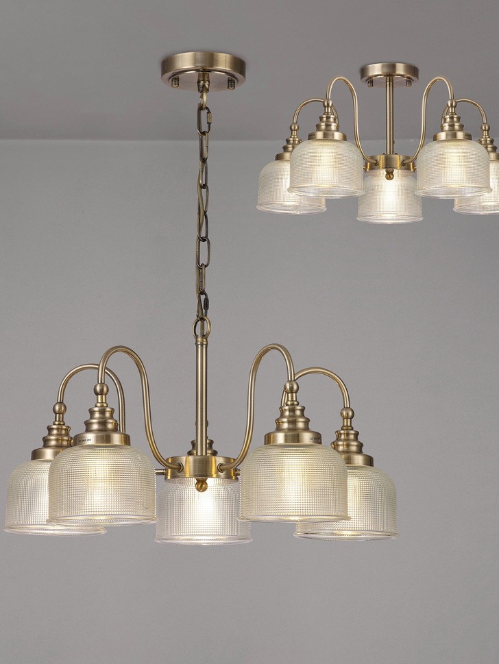 Idolite Sheridan Antique Brass 5 Light Pendant Complete With Prismatic Glass Shades