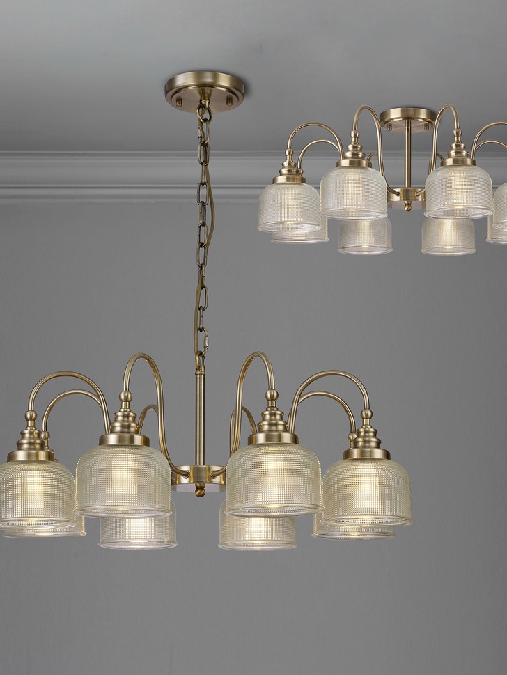 Idolite Sheridan Antique Brass 8 Light Pendant Complete With Prismatic Glass Shades