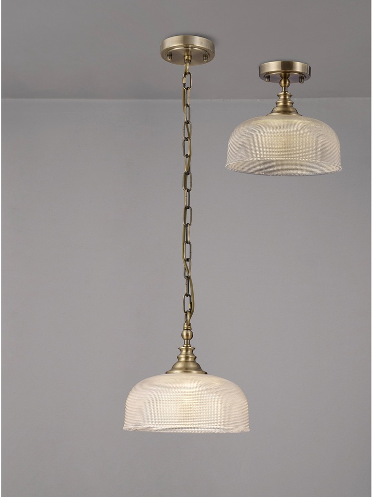 Idolite Sheridan Antique Brass Single Pendant Light Complete With Prismatic Glass Shade