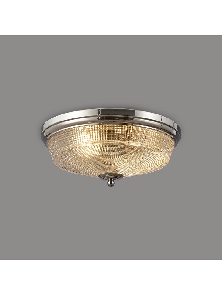 Idolite Sheridan Polished Nickel 2 Light Flush Ceiling Light Complete With Prismatic Glass Shade