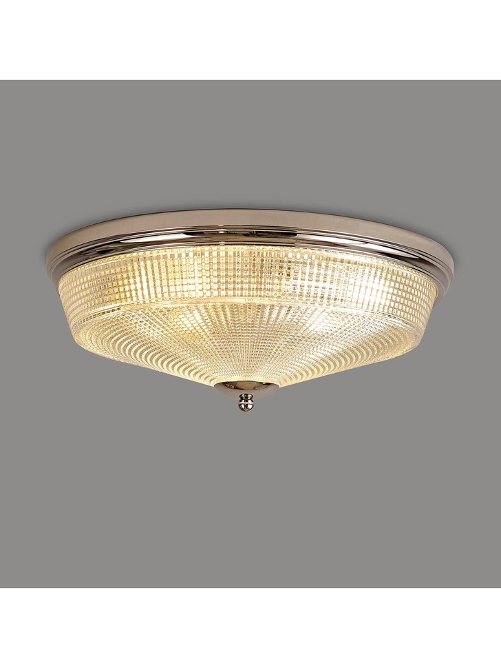 Idolite Sheridan Polished Nickel 3 Light Flush Ceiling Light Complete With Prismatic Glass Shade