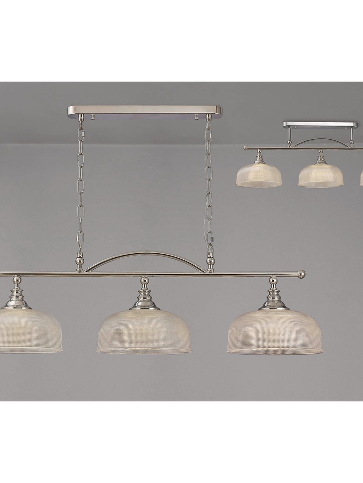 Idolite Sheridan Polished Nickel 3 Light Linear Bar Pendant Complete With Prismatic Glass Shades