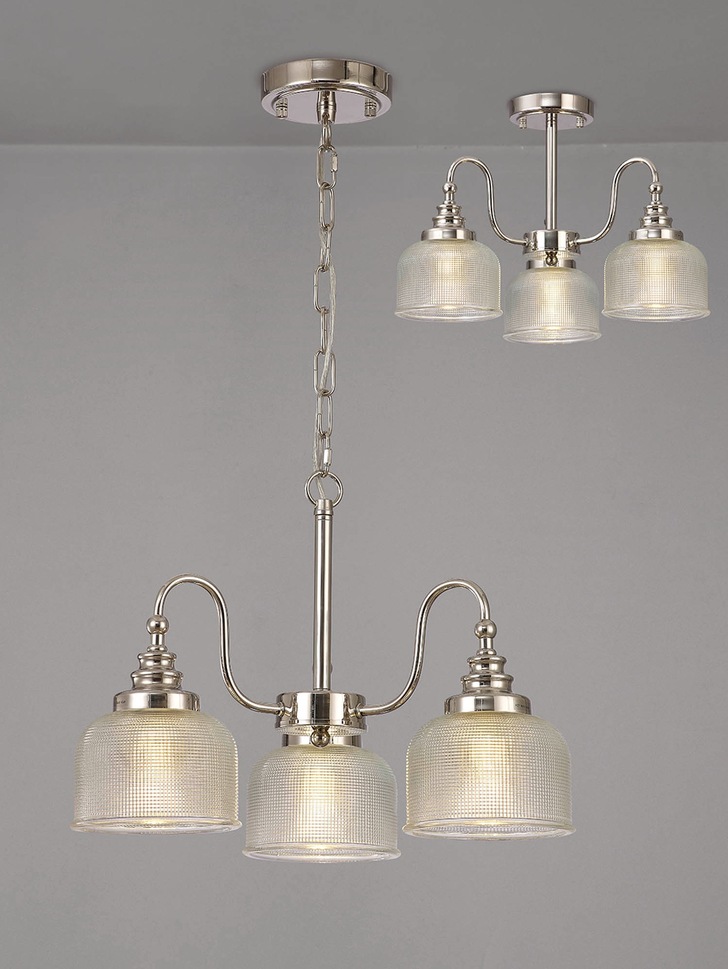 Idolite Sheridan Polished Nickel 3 Light Pendant Complete With Prismatic Glass Shades