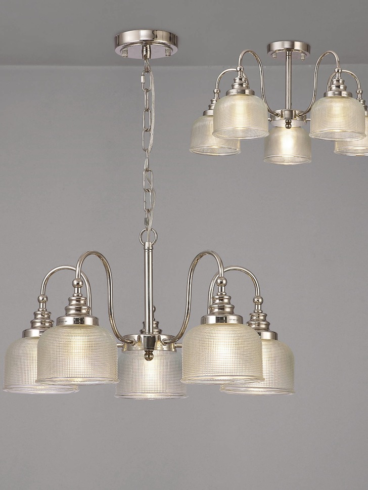 Idolite Sheridan Polished Nickel 5 Light Pendant Complete With Prismatic Glass Shades