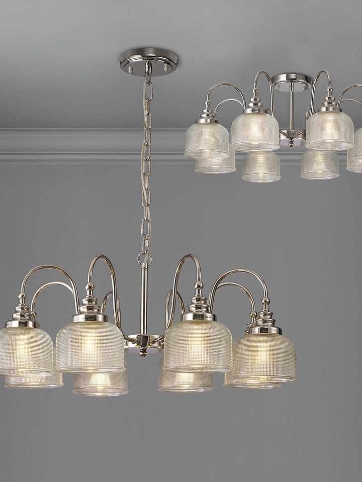 Idolite Sheridan Polished Nickel 8 Light Pendant Complete With Prismatic Glass Shades