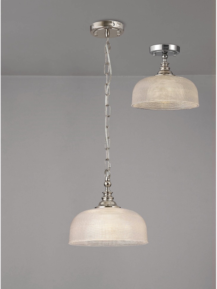 Idolite Sheridan Polished Nickel Single Pendant Light Complete With Prismatic Glass Shade