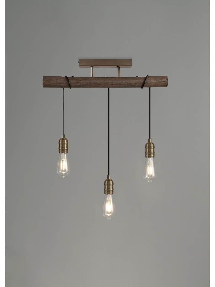 Idolite Skylar Medium Oak 3 Light Linear Pendant C/W Antique Brass Lamp Holders