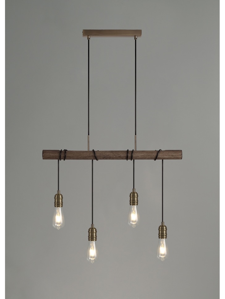 Idolite Skylar Medium Oak 4 Light Linear Pendant C/W Antique Brass Lamp Holders