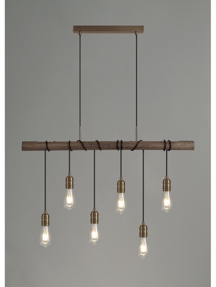 Idolite Skylar Medium Oak 6 Light Linear Pendant C/W Antique Brass Lamp Holders