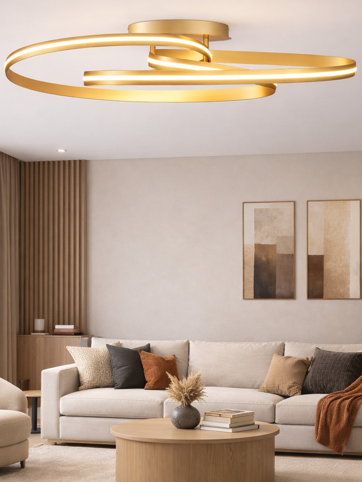 Idolite Sleek Gold Double Loop Flush Ceiling Light, 45W LED, Triac Dimmable, 3000K, 4400lm