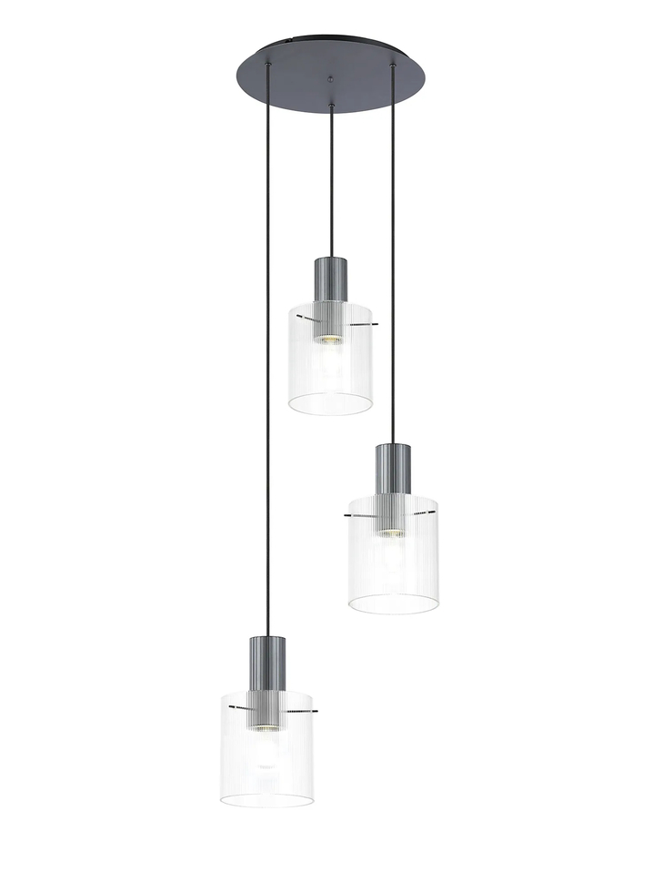 Idolite Snowdon 3 Light Cluster Pendant In Dark Grey With Clear Ribbed Glass Shades