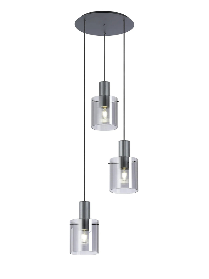 Idolite Snowdon 3 Light Cluster Pendant In Dark Grey With Smoke Ribbed Glass Shades