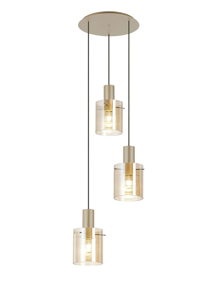 Idolite Snowdon 3 Light Cluster Pendant In Gold With Amber Ribbed Glass Shades