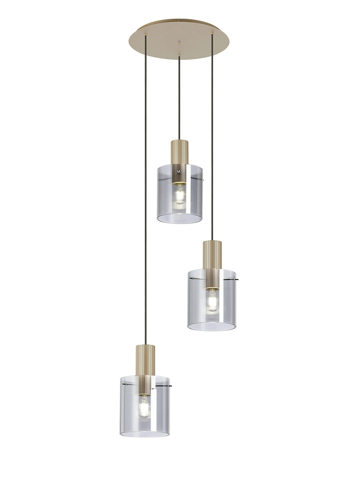 Idolite Snowdon 3 Light Cluster Pendant In Gold With Smoke Ribbed Glass Shades