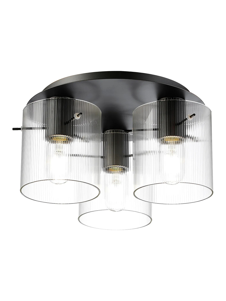 Idolite Snowdon 3 Light Flush Ceiling Light In Dark Grey With Clear Ribbed Glass Shades