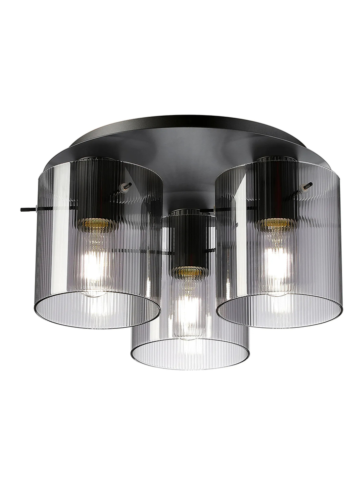 Idolite Snowdon 3 Light Flush Ceiling Light In Dark Grey With Smoke Ribbed Glass Shades