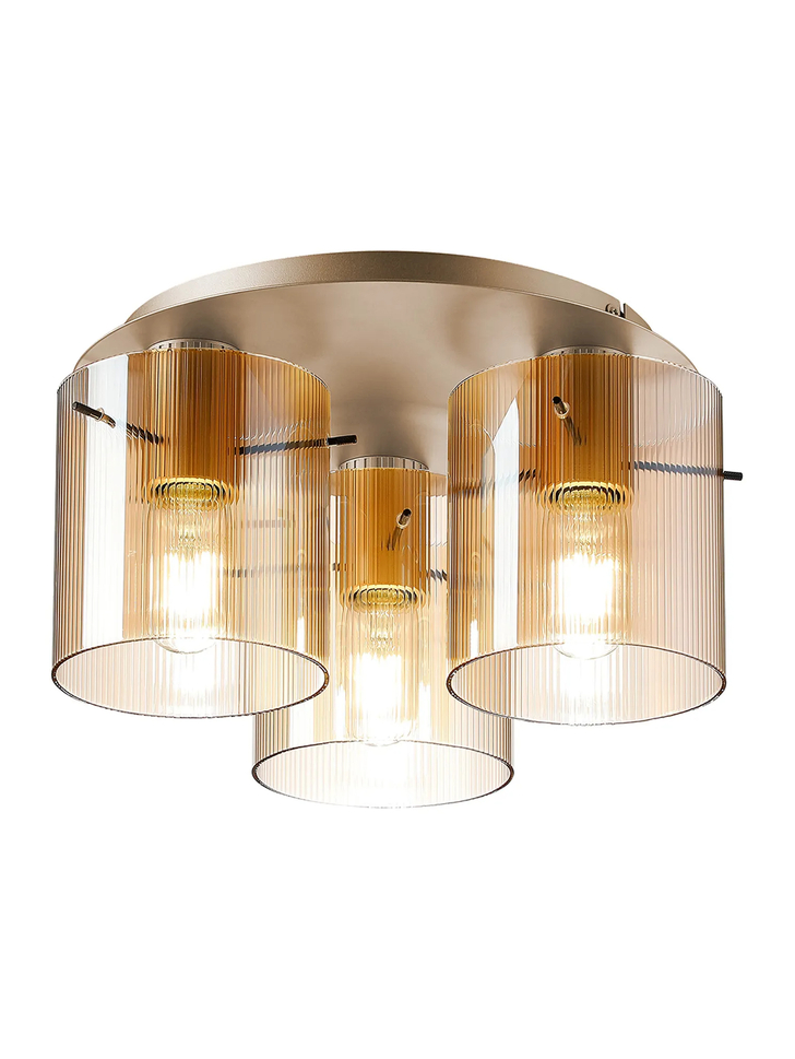 Idolite Snowdon 3 Light Flush Ceiling Light In Gold With Amber Ribbed Glass Shades