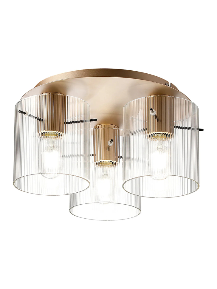 Idolite Snowdon 3 Light Flush Ceiling Light In Gold With Clear Ribbed Glass Shades