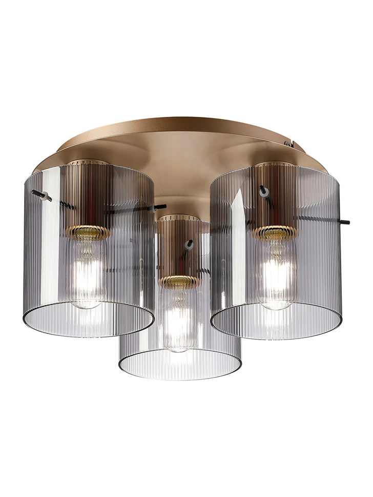 Idolite Snowdon 3 Light Flush Ceiling Light In Gold With Smoke Ribbed Glass Shades