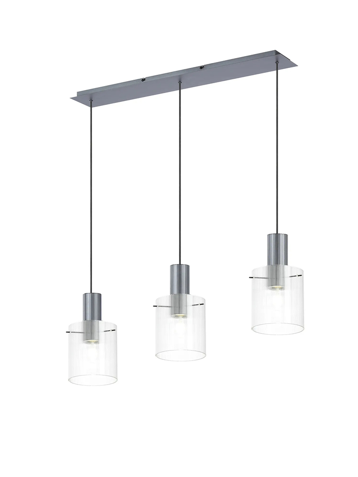 Idolite Snowdon 3 Light Linear Pendant In Dark Grey With Clear Ribbed Glass Shades