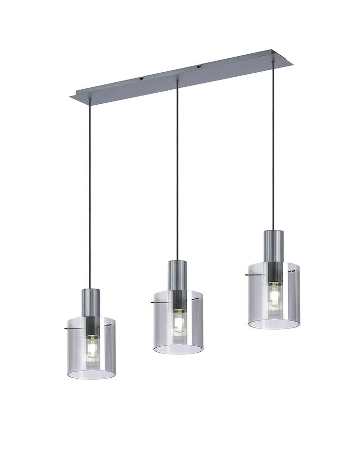 Idolite Snowdon 3 Light Linear Pendant In Dark Grey With Smoke Ribbed Glass Shades