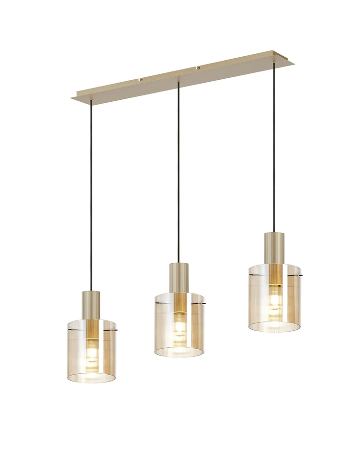 Idolite Snowdon 3 Light Linear Pendant In Gold With Amber Ribbed Glass Shades