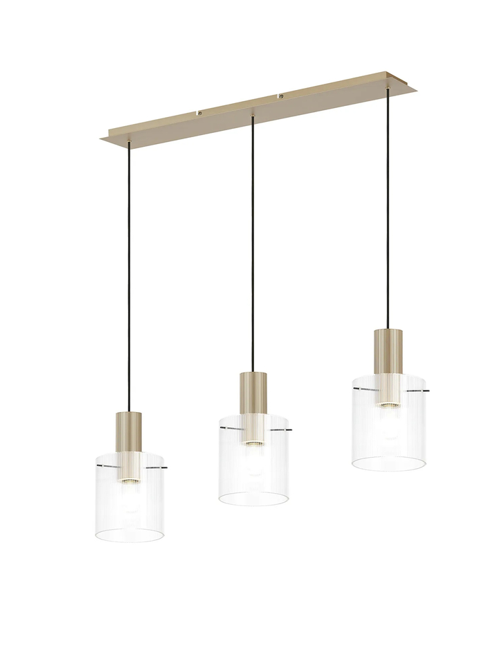 Idolite Snowdon 3 Light Linear Pendant In Gold With Clear Ribbed Glass Shades