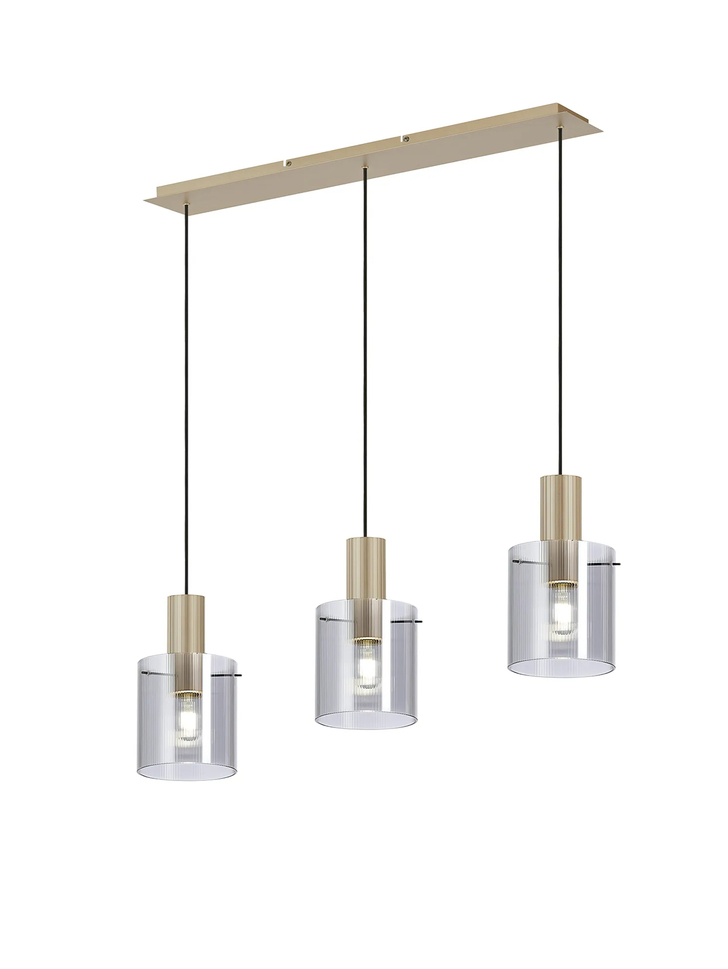 Idolite Snowdon 3 Light Linear Pendant In Gold With Smoke Ribbed Glass Shades