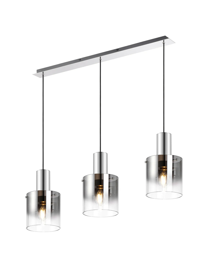 Idolite Snowdon 3 Light Linear Pendant In Polished Nickel With Smoke Ombre Glass Shades