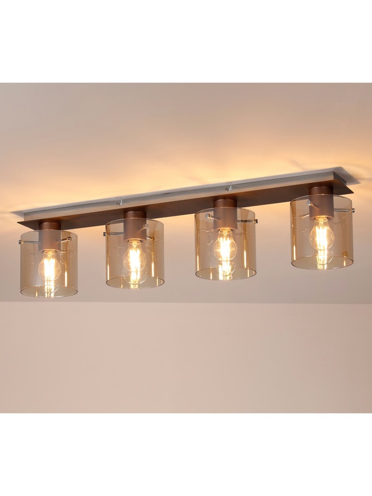 Idolite Snowdon 4 Light Flush Linear Ceiling Light In Mocha Complete With Amber Fade Glasses