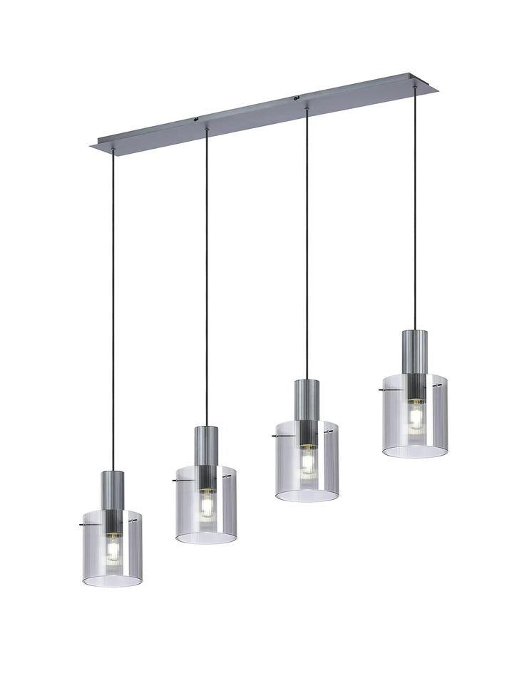 Idolite Snowdon 4 Light Linear Pendant In Dark Grey With Smoke Ribbed Glass Shades