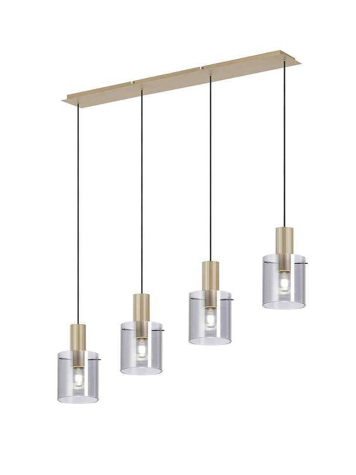 Idolite Snowdon 4 Light Linear Pendant In Gold With Smoke Ribbed Glass Shades